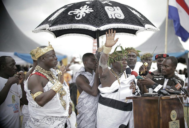 Nana Kojo Conduah VI, the Omanhen of Edina Traditional Area, delivering his message to the gathering